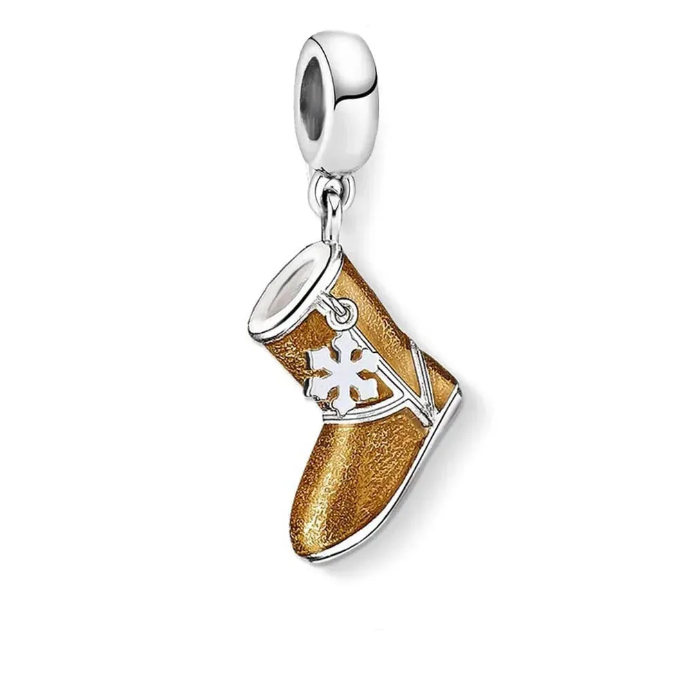 925 Sterling Silver Gold Fluffy Snow Boots & Snowflake Embellishment Charm