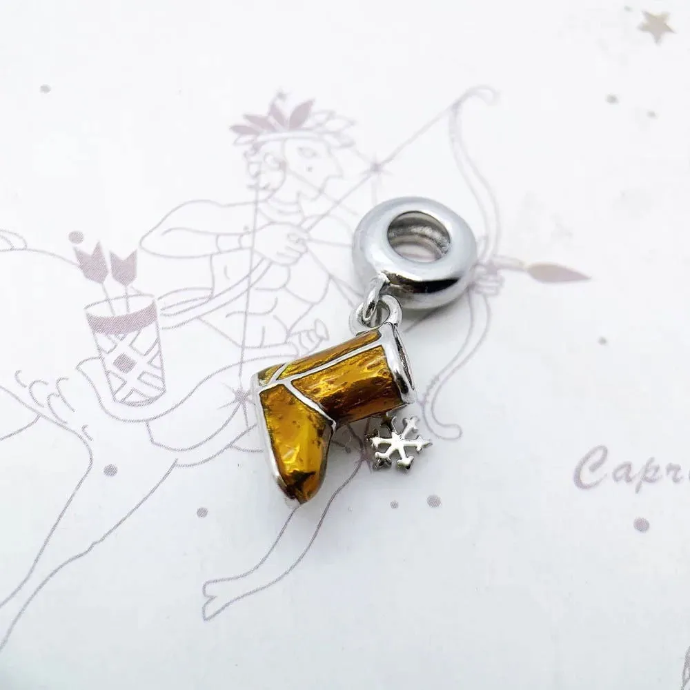 925 Sterling Silver Gold Fluffy Snow Boots & Snowflake Embellishment Charm