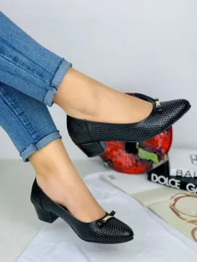 Black Faux Leather Slip-On Pumps Net Skin Pattern