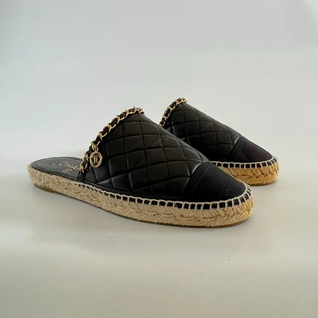 Chanel Black Espadrille Mules With Chain Detail, 39