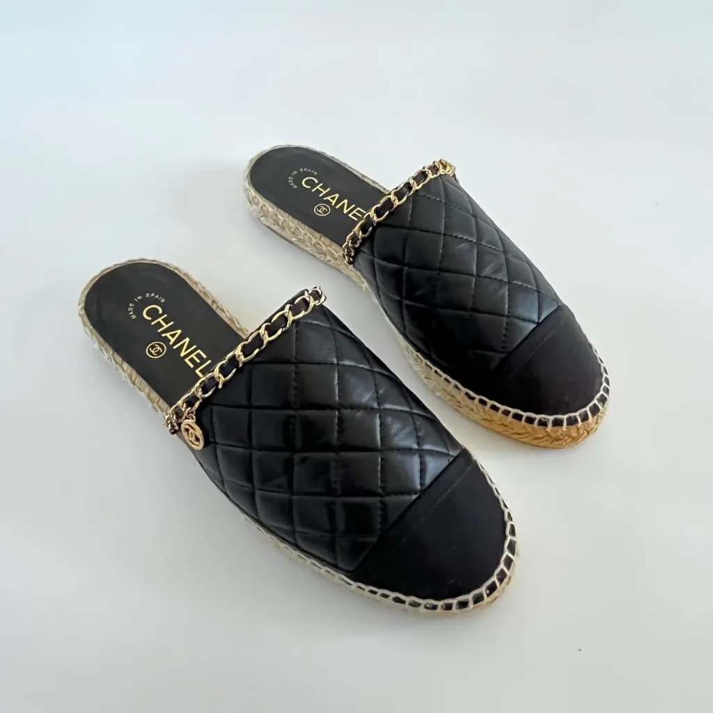 Chanel Black Espadrille Mules With Chain Detail, 39
