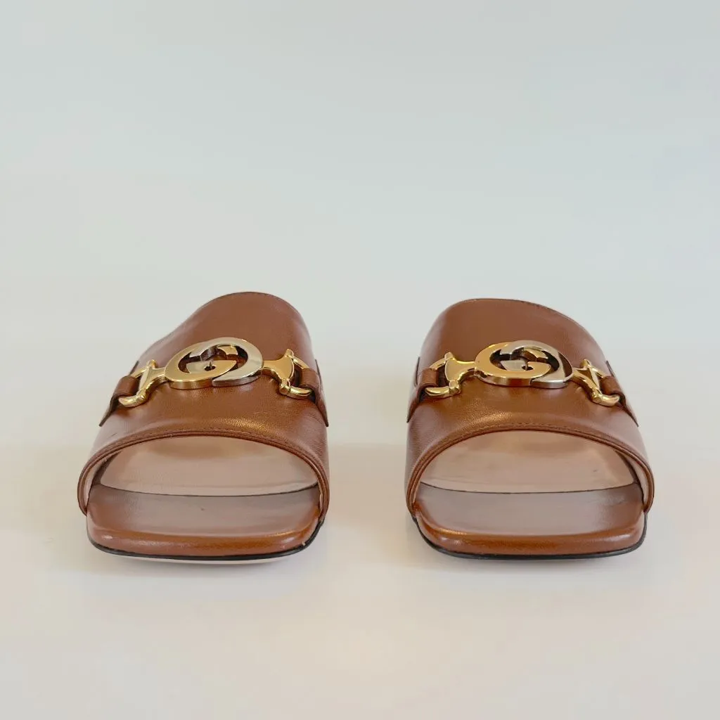 Gucci Brown Leather Zumi GG Interlocking Slide Sandals, 36
