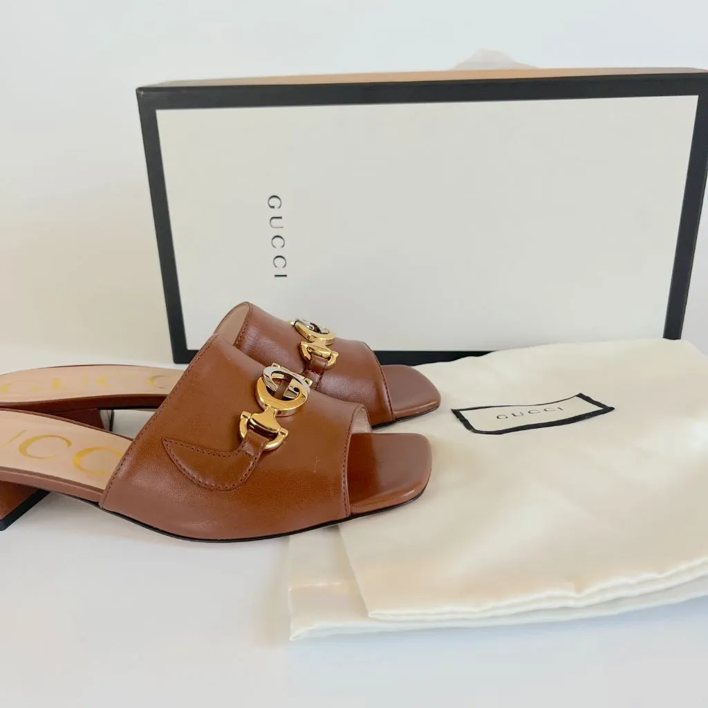 Gucci Brown Leather Zumi GG Interlocking Slide Sandals, 36