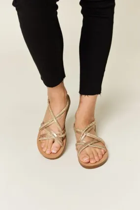 Rhinestone Crisscross Flat Sandals in Gold