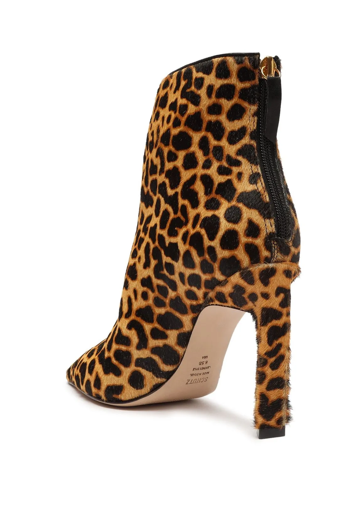 Schutz Viha Leopard Bootie Split Front Pointed Toe Stiletto Dress Ankle Boots