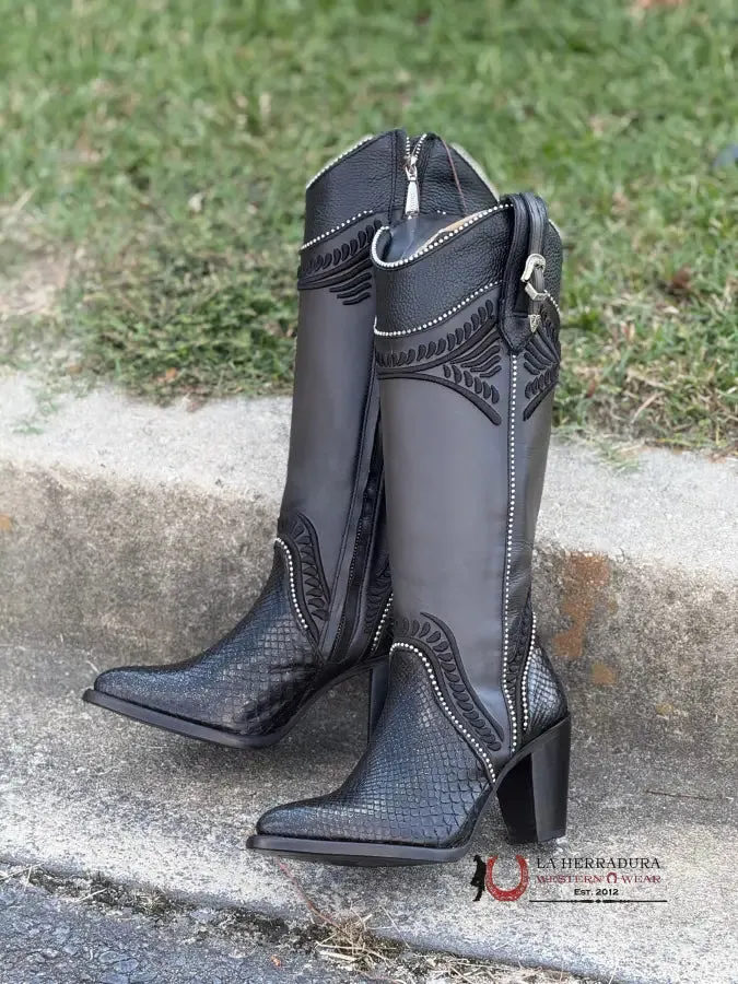 WOMEN’S CUADRA TALL BOOT PITON M BELLY COSMO NEGRO EMBROIDERY ROUND TOE
