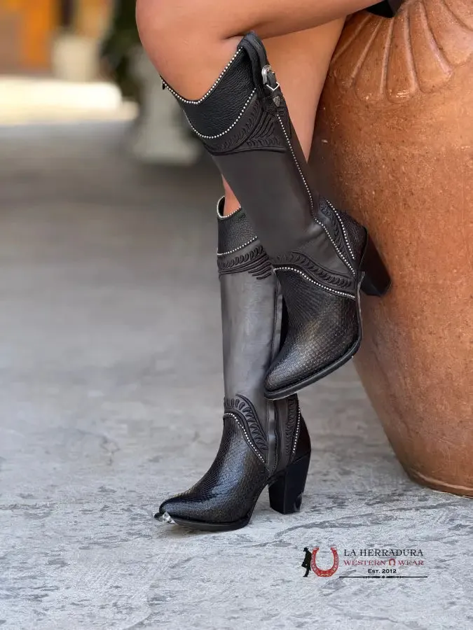 WOMEN’S CUADRA TALL BOOT PITON M BELLY COSMO NEGRO EMBROIDERY ROUND TOE