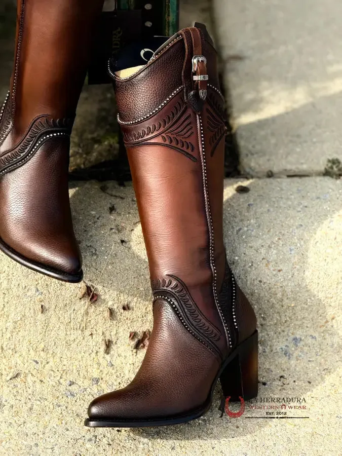 WOMEN’S CUADRA TALL BOOT RES DAMASCO CHOCOLATE EMBROIDERY ROUND TOE